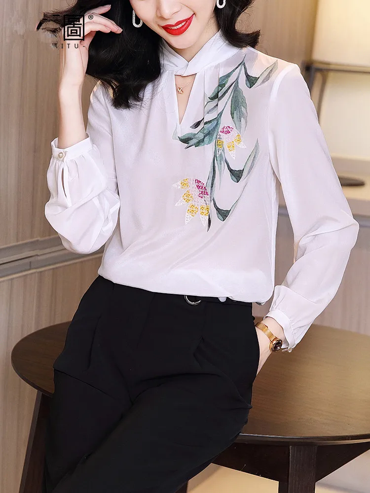 100% Real Silk Vintage Blouse Women Clothes 2020 Ladies Tops Spring Long Sleeve Shirt Women Blouses Elegant Shirts SJ19120113