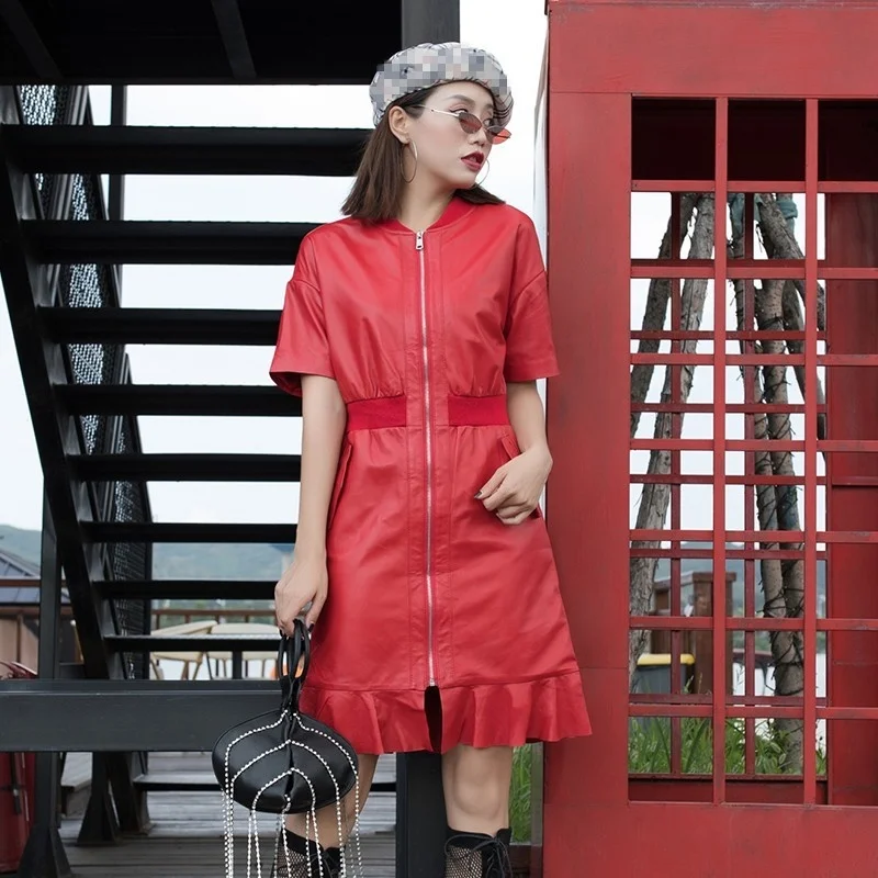 Women Luxury Sheepskin Genuine Leather Dress Short Sleeve Zipper Ruffles Dress Classic Real Leather Casual Knee Length Dresses