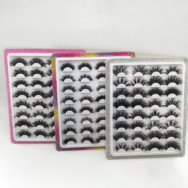 Wholesale Cruelty Free Natural 25mm 27mm 30mm Mink Eyelashes 16pairs Lash Book Diamond 3D Lashes Package In White Tray