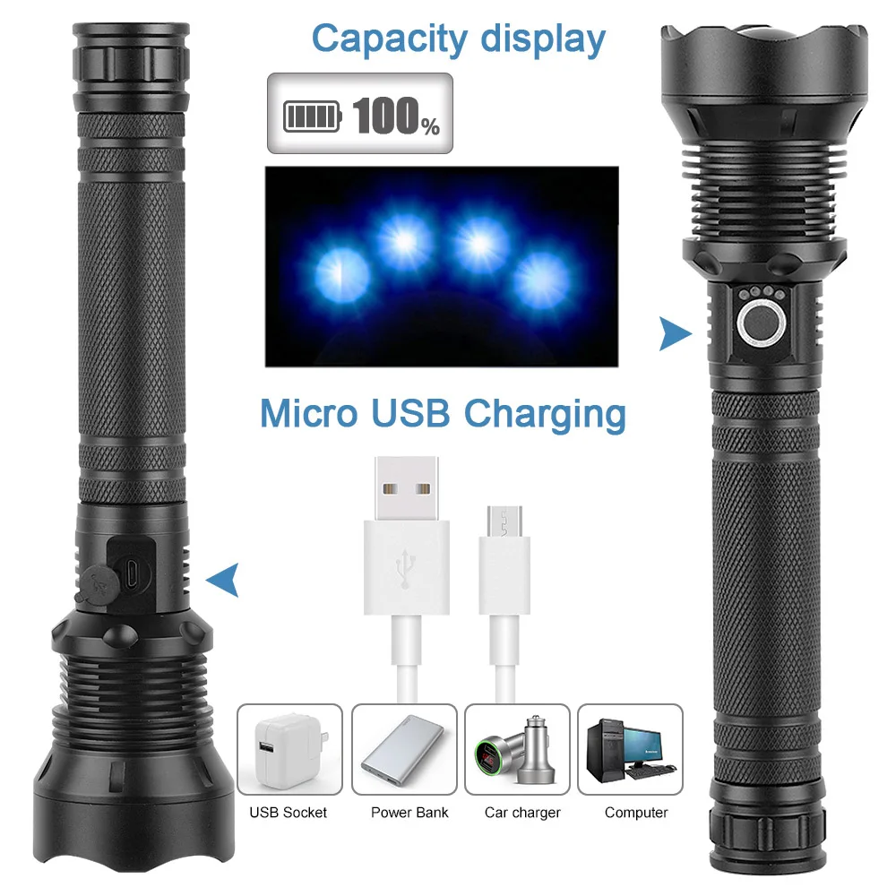 Ultra Powerful XHP70.2 XHP50 LED Flashlight USB Rechargeable Zoom Torch 18650 26650 Battery Hunting Lamp Lanterns Power Reminder
