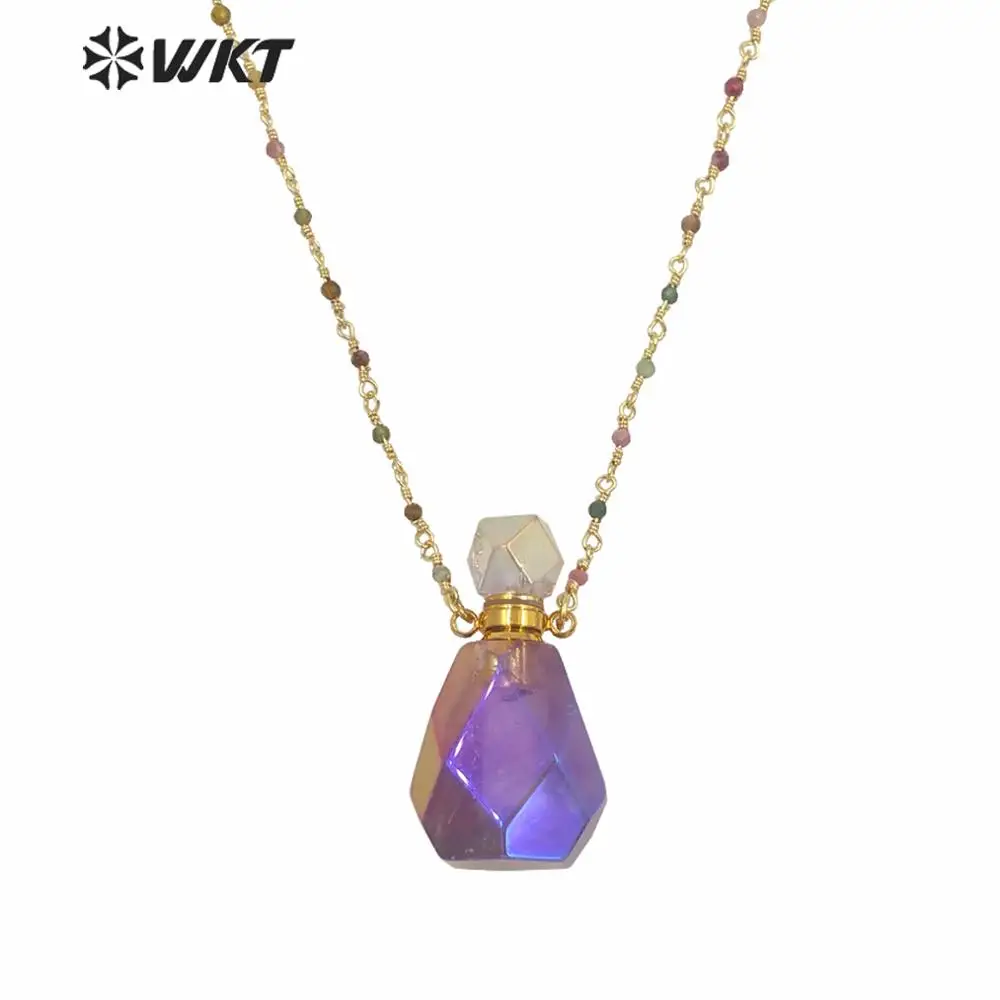 WT-N1236 Charming purple a methyst aura spirit perfume bottle necklace with rosary chain in  18 inch girl friend birthday  gift