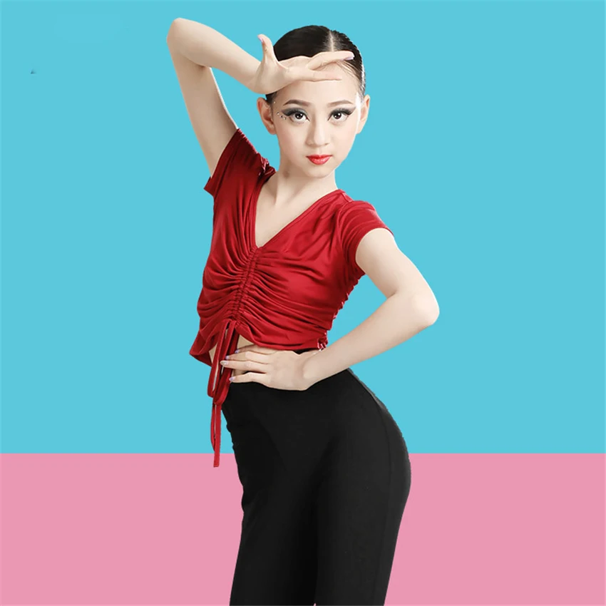 2022 Girls New Latin Dancing Dresses Rumba Folds Samba Velvet Children Ballroom Samba Tango Short Sleeve Standard Salsa Pants