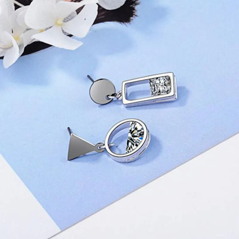 Fashion 925 SIlver Needle Earrings For Women Asymmetric Water Zircon Gun Black Color Circle Square Tassel Earring Pendientes