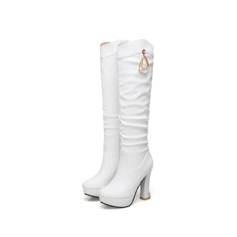 winter The New fashion Round head Thick heel 11CM Knight boots white Rhinestone Plus velvet Keep warm High heel Women boots