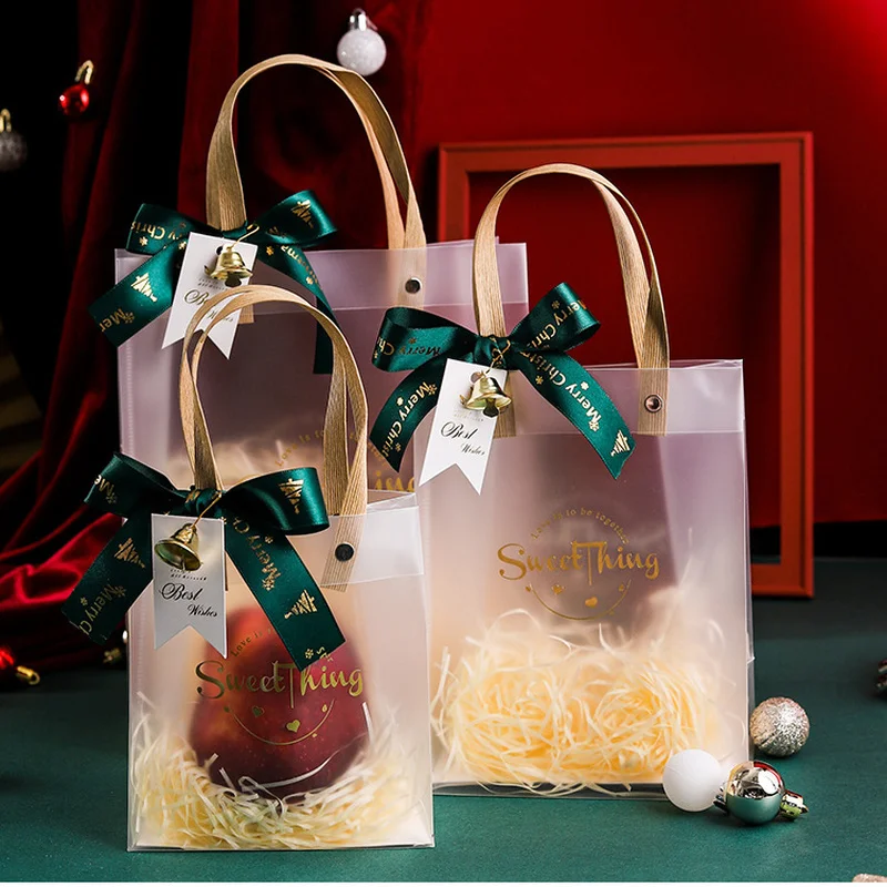 Christmas Gift Packaging Transperant PVC Candy Bag with Handle Ribbon Bell Label Raffia Brithday Party Shopping Souvenir Decor