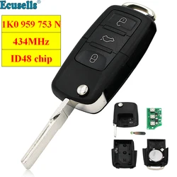 FLIP Chiave A Distanza FOB Per Golf Jetta Tiguan Polo 3 Pulsanti 434 mhz con chip ID48 1K0 959 753 N 1K 0959753 N HU66 UNCUT