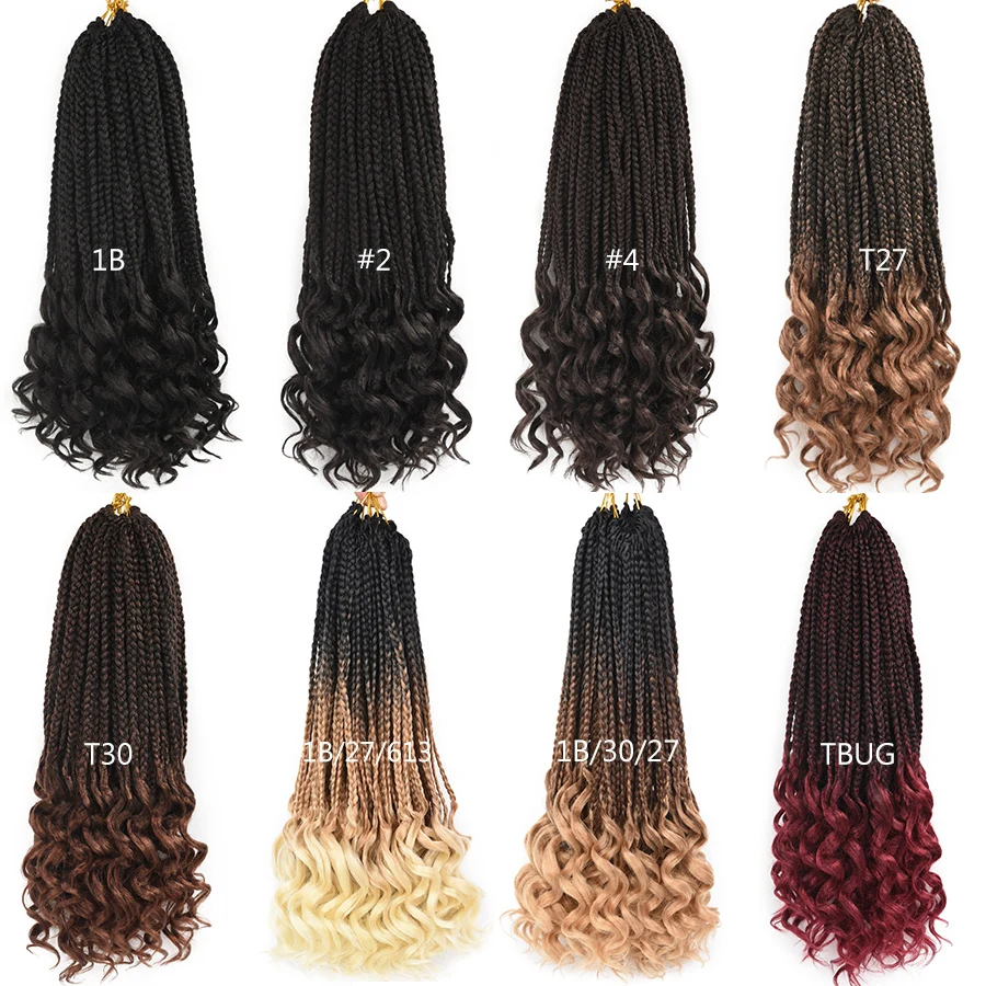 TOMO 14 18 24 Inch Box Braids Curly Ends Synthetic 22 Strands Hair Weaves Crochet Hair Extensions 6 Colors Black Red Available