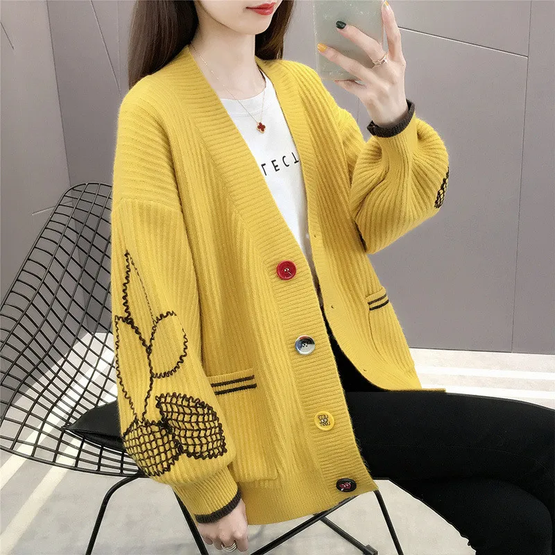 

Autumn Winter 2022 Women's Cardigans Fashion V-Neck Single-Breasted Embroidery Loose Sweater Coat Female Knitted Tops Y478