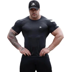 Men Tshirt Bodybuilding Hight Elasticity Quick Dry Muscle Shirts Workout Gym Fitness Mens Casual Exercise Clothing