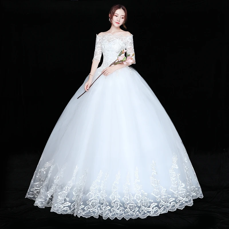 AnXin SH princess flower lace white vintage boat neck half sleeve turkey party bride white ruffles customized wedding dress