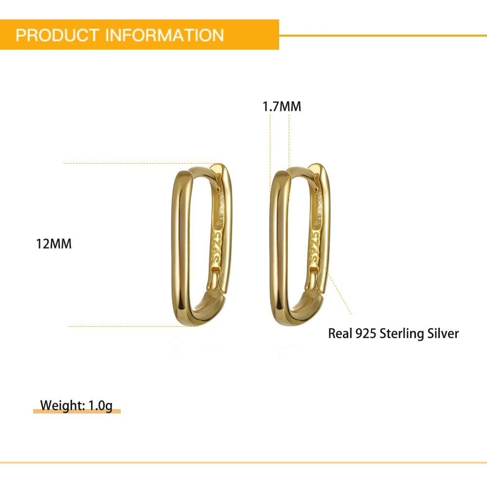 Vintage Real 925 Silver Gold Thick Rectangle Hoop Geometric Earrings for Women Piercing Ohrringe Luxury Fashion Jewelry Trendy