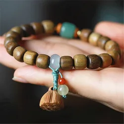 Natural Green Sandalwood Prayer Lotus Pendant Malas Wooden Beaded Bracelets For Men Women Rosary Tibetan Buddhist Yoga Jewelry