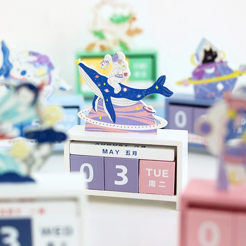 Cute Whale and Deer Perpetual Calendar 2023 Wooden Office Desktop Calendars Home Decoration Accessories