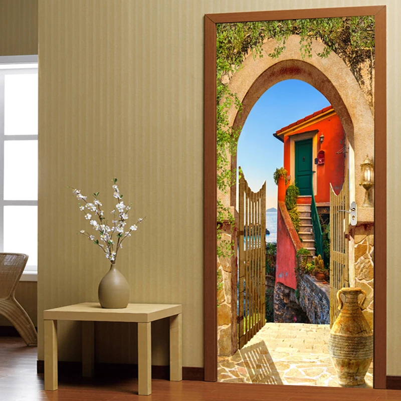 3D Wallpaper Door Sticker European Style Stone Arch Street View Living Room Restaurant PVC Self-Adhesive Waterproof 3 D Stickers