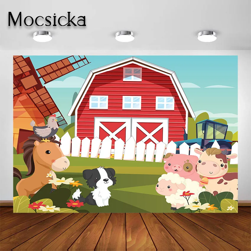 Mocsicka Cartoon Farm Red Barn Backdrop Country Animal Kids Birthday Decorations Photography Background Photobooth Photoshoot