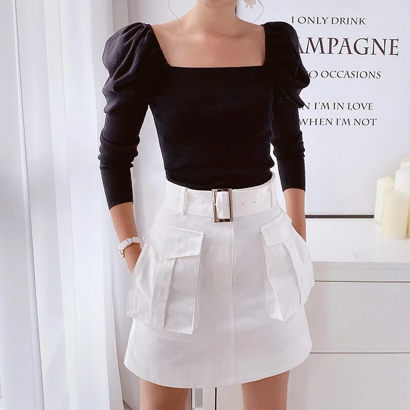 Dabuwawa Ladies Buckle Belted Solid Skirt Streetwear Women High Waist Big Pocket A-line Mini Skirt Safari Style Female DO1ASK005