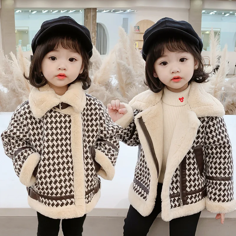 

Casual Children Coat Girls Kids Spring Winter Overcoat Thicken Jackets Plus Velvet Houndstooth Costumes Outwear Tops Clothes