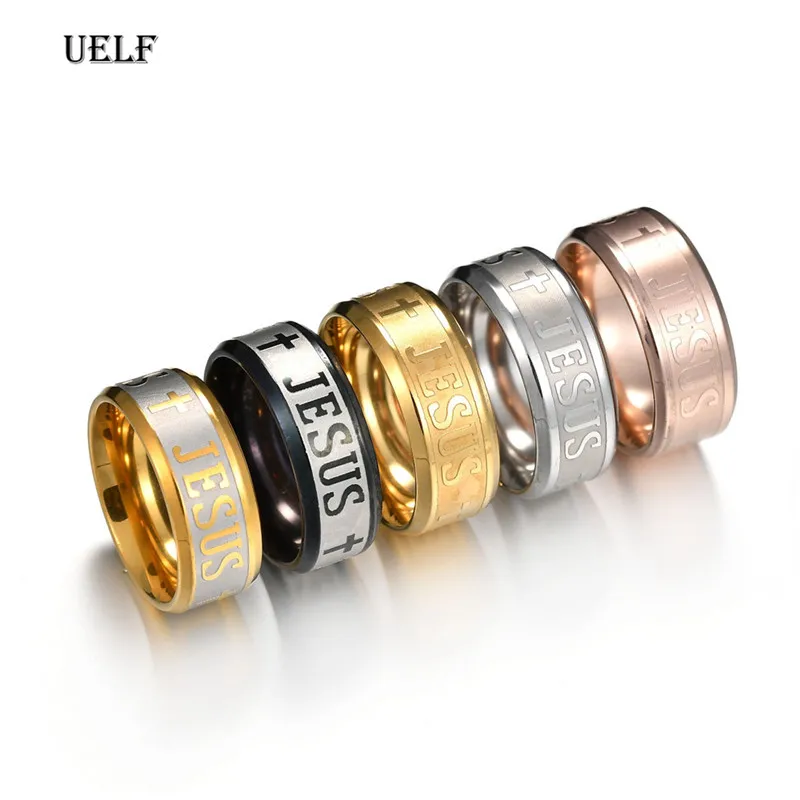 Uelf Religious Christian Jesus Cross Ring 8mm Stainless Steel God Save Us Band Rings For Men Women Party Gift Anillo Anneaux