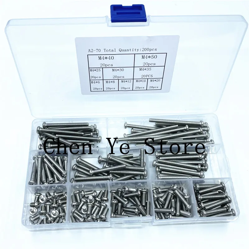 Free Shipping 200pcs M4 stainless steel 304 Cross Pan Head Self Tapping Screw Combination Set  Round Head Screw Kit