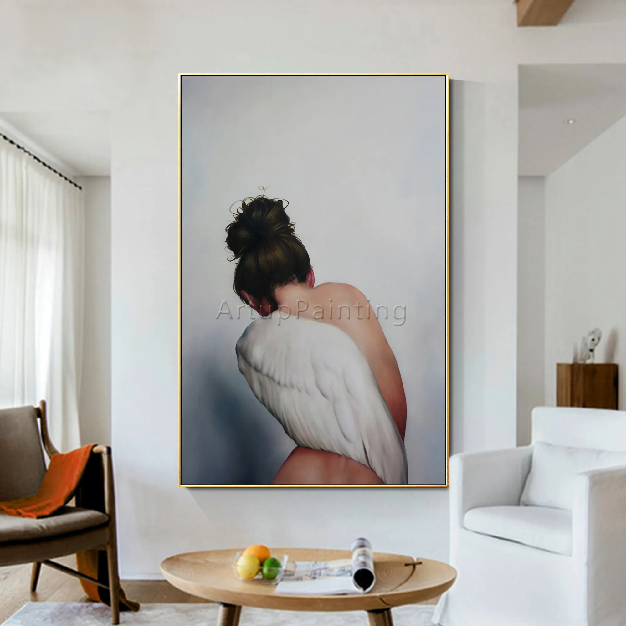 Modern oil Painting on Canvas Hand Painted white feather woman’s back potrait Wall Art Picture for Living Room Home Decoration