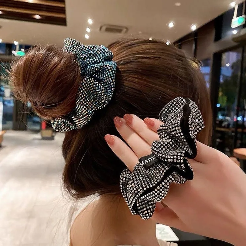 Fashion Rhinestone  Women Silk Scrunchie Elastic Handmade Hair Black Band Ponytail Holder Headband Hair Accessories