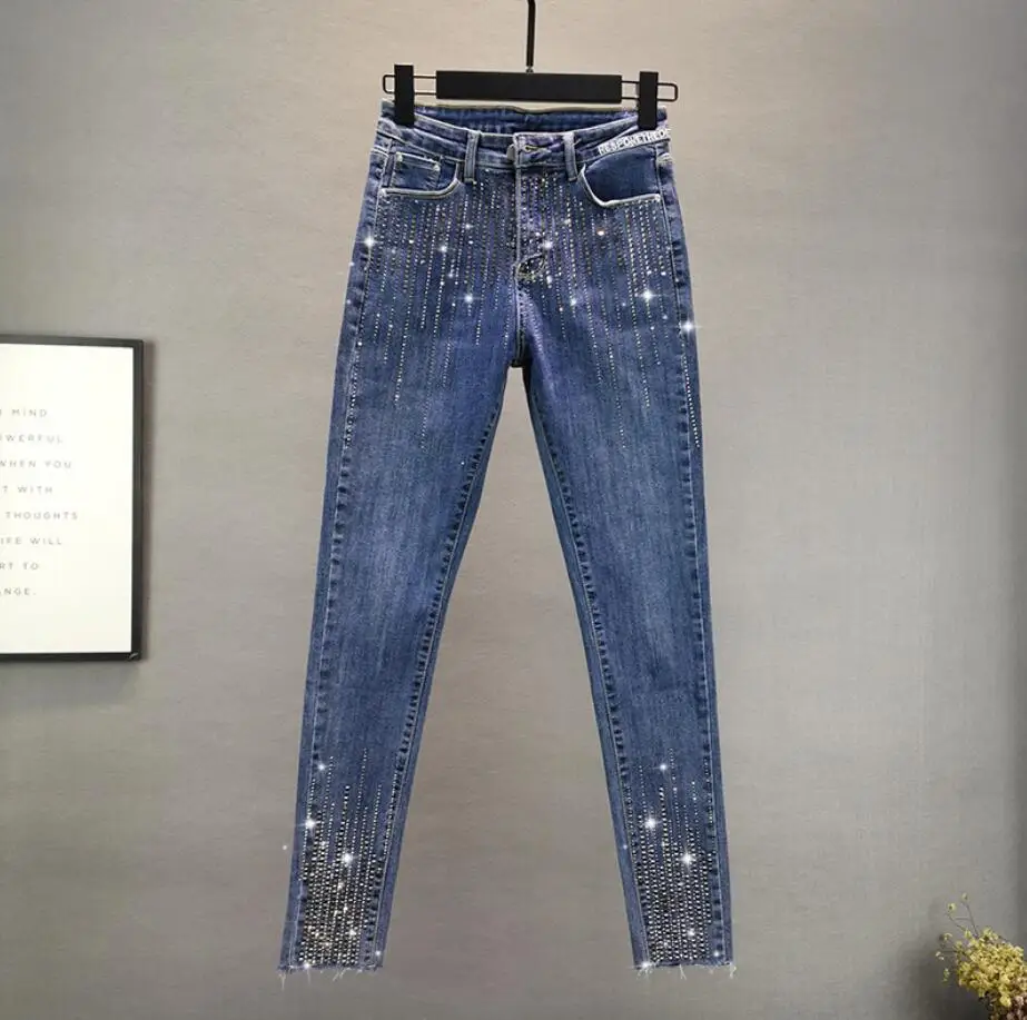 2020 fashion Heavy Industry Vertical Strip Ironing Drill High Waist Slim Elastic Jeans Women skinny denim pencil Pants r372