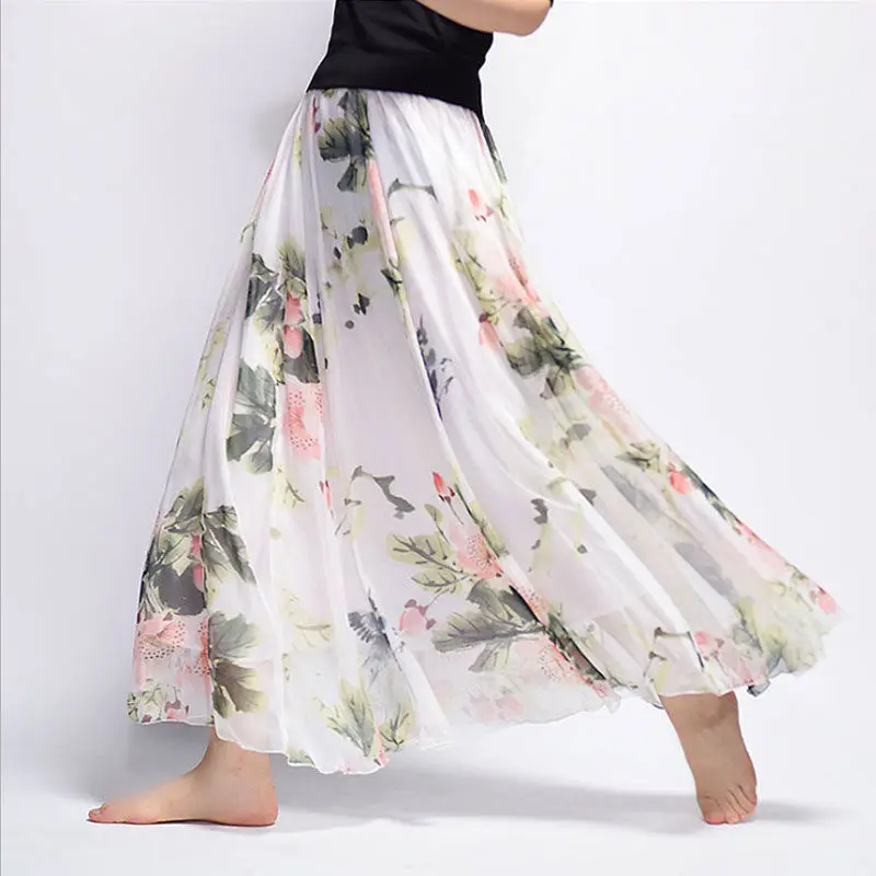 Women\'s Multicolor Floral Long Skirts, Elastic Waist, Printed Skirt, Mid-length, Elegant Pleated, Summer, New, 2021