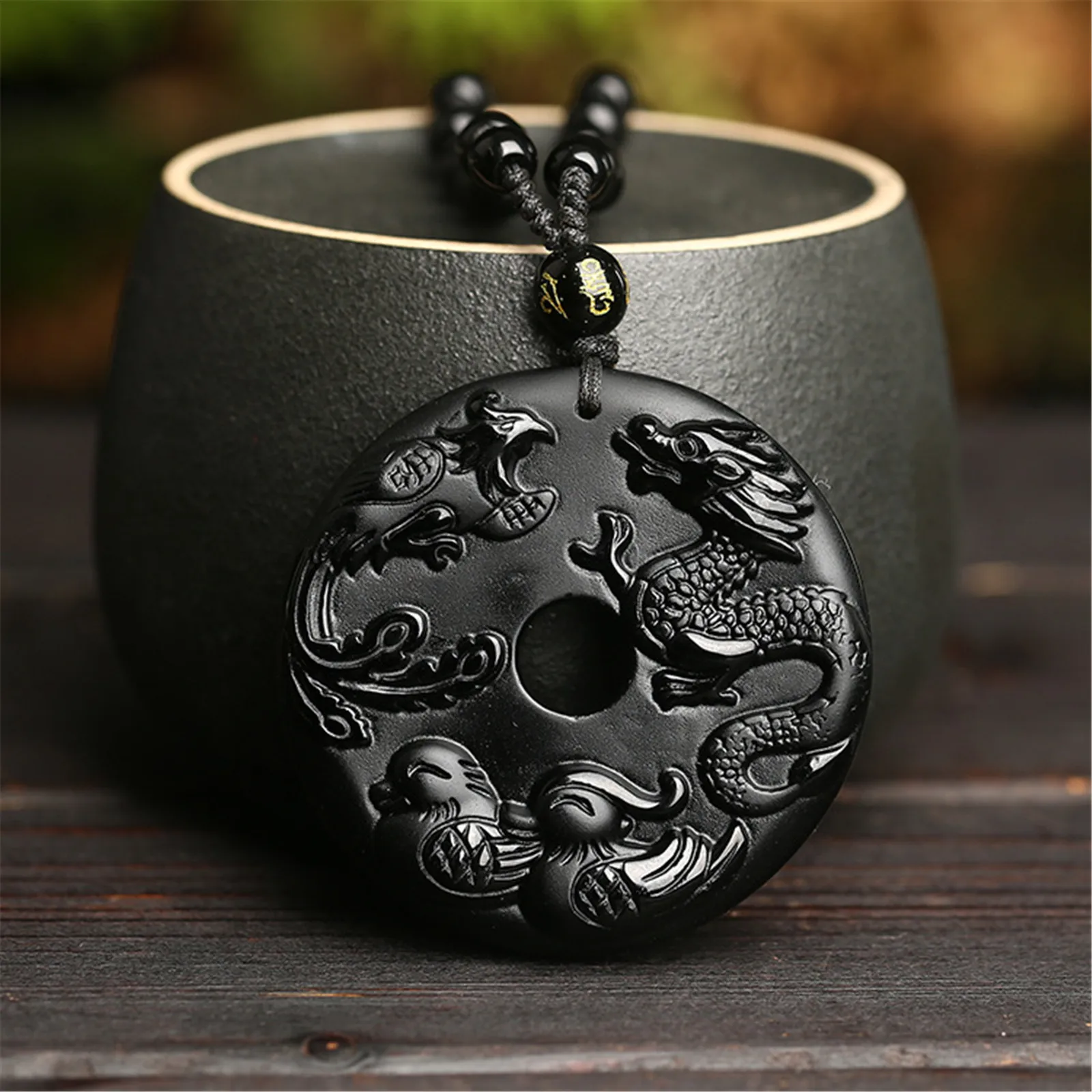 

Obsidian Dragon and Phoenix Necklace Black Natural Stone Mens Womens Round Pendant Beaded Chain Mandarin Ducks Feng Shui