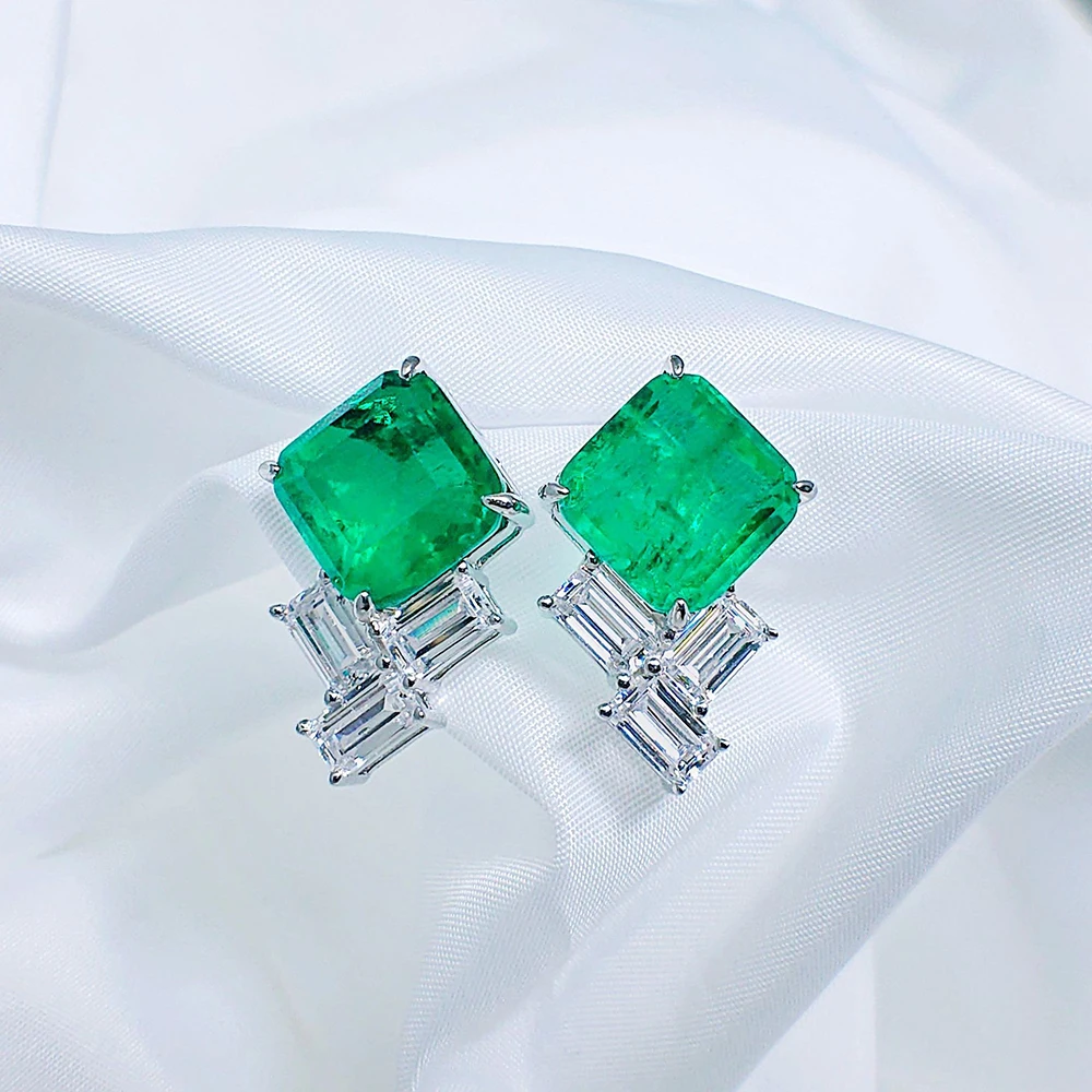 Original Design 925 Sterling Silver Geometric Synthesis Emerald Cubic Zirconia Stud Earrings for Women S925 Emerald Earrings