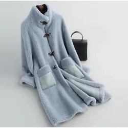 Large Grain Wool Sheep Shearing Fur Women's Mid-Length Stand-Up Collar Lamb Fur Coat Horn Button Winter Jacket Fairy Long Coat