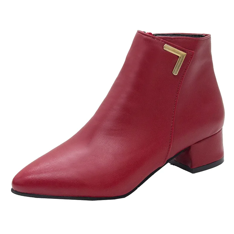 Stivali da donna di nuova moda Casual in pelle tacchi alti bassi scarpe primaverili stivaletti in gomma a punta da donna nero rosso Zapatos Mujer