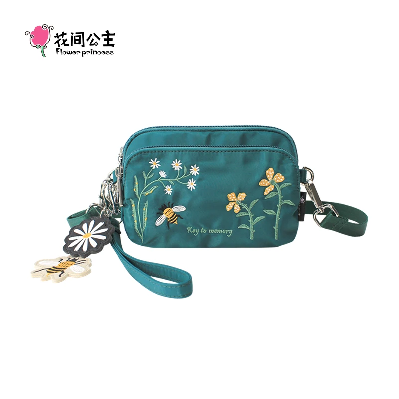 Flower Princess Key To Memory Women\'s Bag 2024 Fall/Winter Black Mini Nylon Embroidered Clutch Crossbody Messenger Bag For Phone