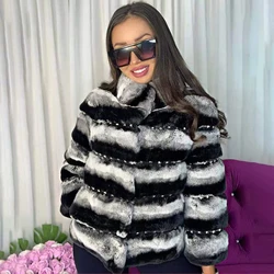 Real Rex Rabbit Fur Coat Women Short Rivet Rabbit Fur Coat Luxury Jacket With Real Fur Female Winter Warm Clothing Vintage Coat