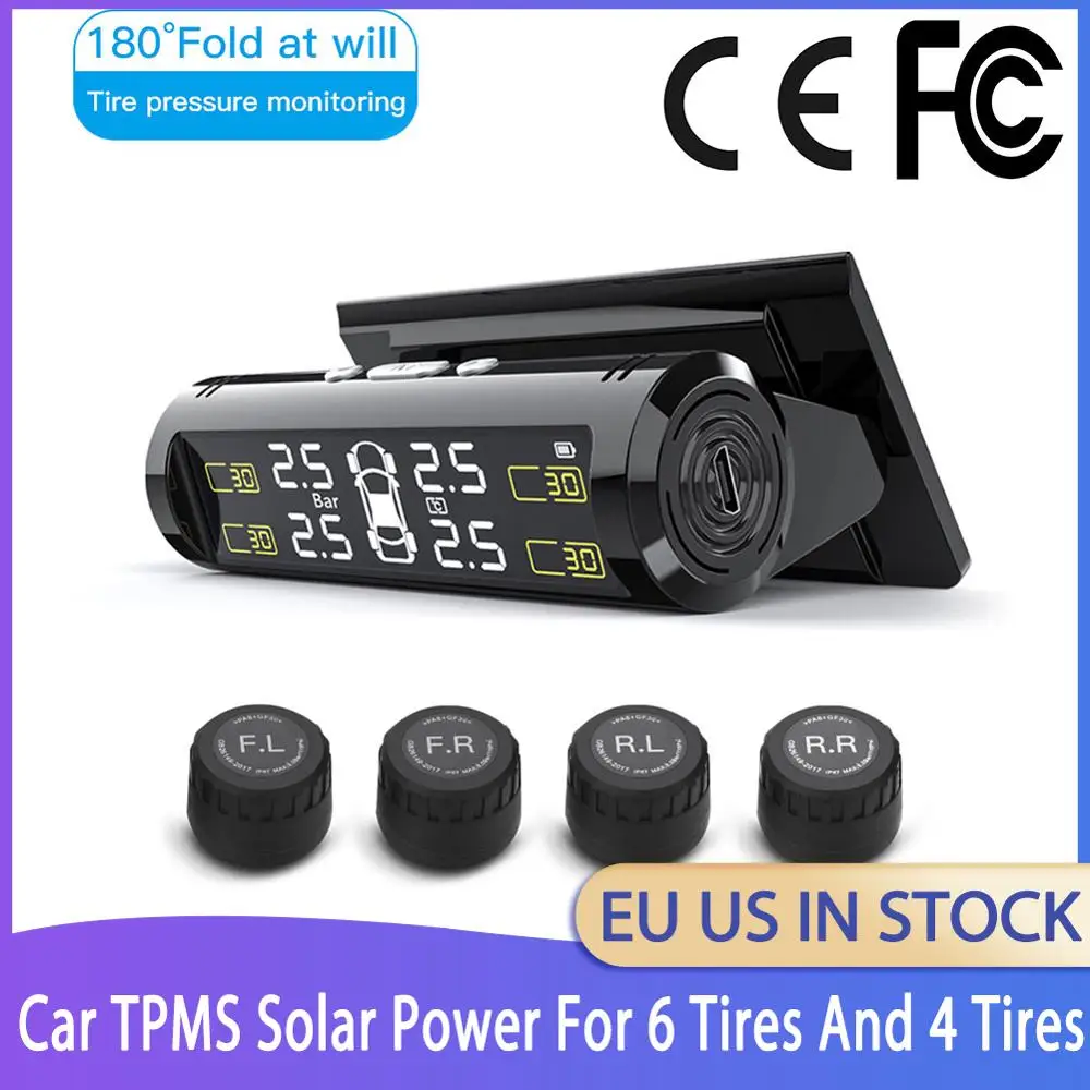 TPMS Automatic Brightness Control USB&Solar Charging Car Tire Wireless Pressure Monitor System Adjustable LCD 4 Tire Sensor