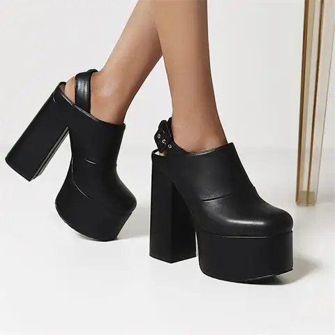 PXELENA 2025 Spring Vintage Platform Block Chunky Super High Heels 14CM Slingbacks Women Gothic Punk Rock Shoes Plus Size 35-46