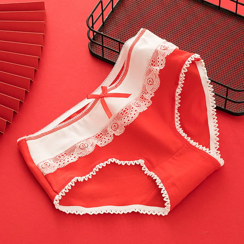 Women\'s Cotton Panties Red Lace Underpants Girl Cotton Briefs Mid Waist Seamless  Female Underpants Girls Cute Comfort Briefs