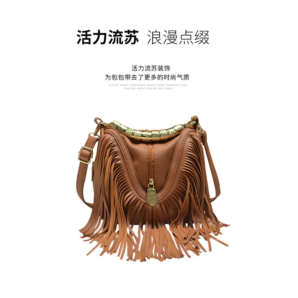 Women\'s PU Bags European and American Trendy Bucket Fringe Handbags Shoulder Messenger Bags