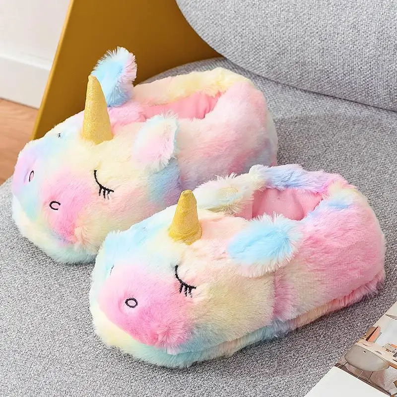 Donne Indoor caldo colorato cartone animato unicorno pantofole casa della ragazza bella peluche scarpe morbide signore divertenti pelose comode