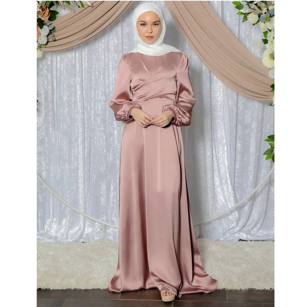 Abayas Muslim Women Long Dress Satin Islamic Ramadan Turkish Kaftan Maxi Robe Dubai Arab Middle East Moroccan Elegant Fashion