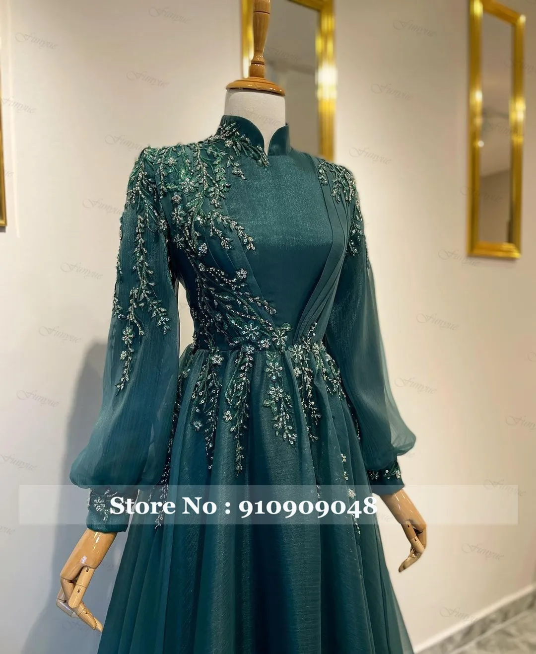 Elegant Teal Long Sleeve Muslim Formal Dresses 2023 A Line Tulle Lace Beaded Arabic Prom Evening Gowns for Women Robe De Mariée