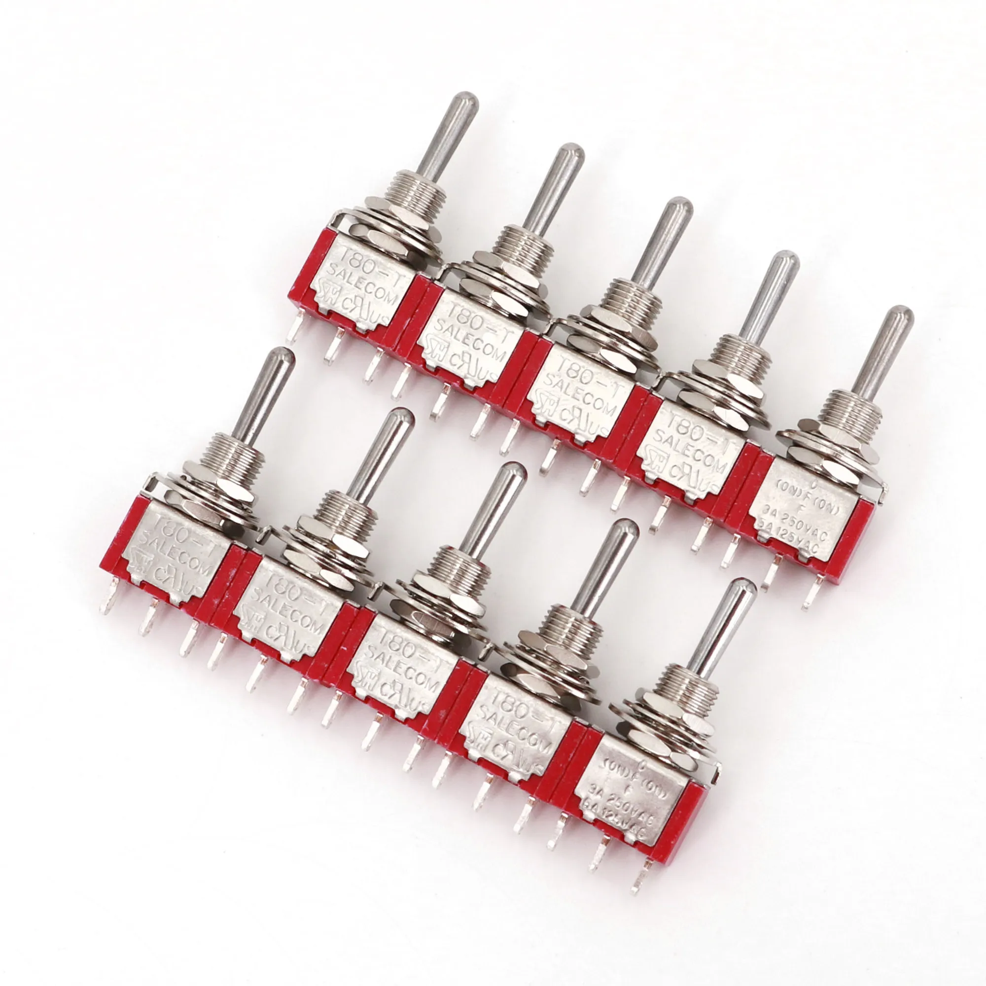 10Pcs T8014A Standard Lever 3Pin Momentary MOM-OFF-MOM Self-Return 3-Position SPDT Mini Toggle Switch