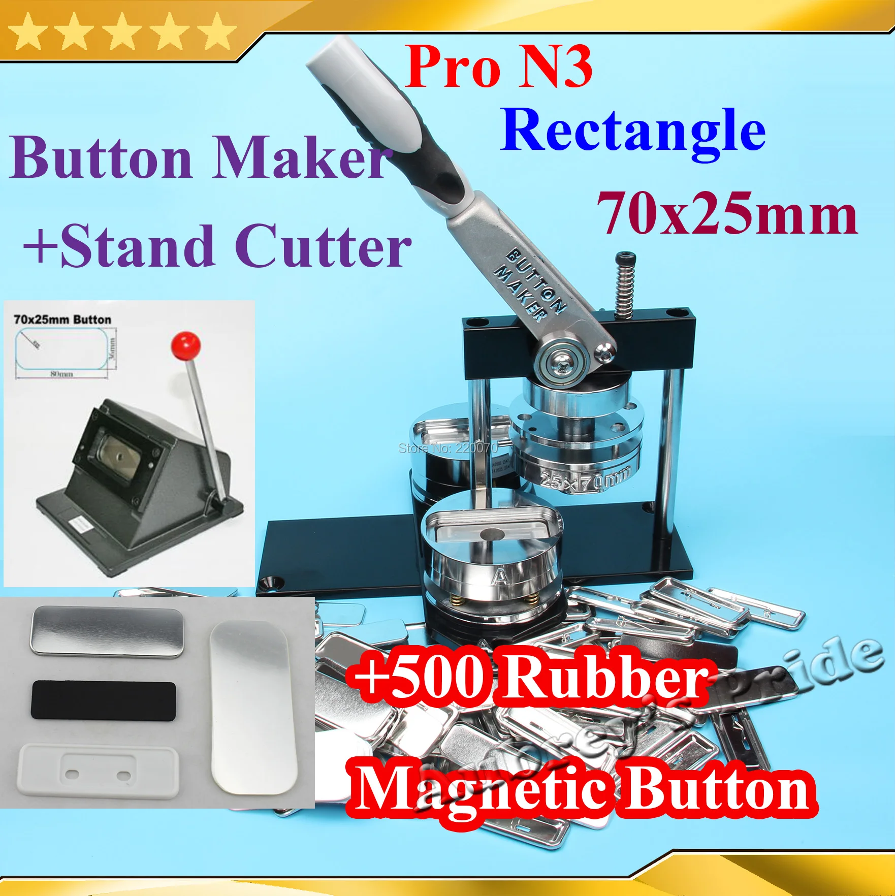 NEW Pro N3 Rectangle 70x25mm Badge Button Maker Machine +Stand Cutter +500 Sets Rubber Magnetic Sticker Button Supplies