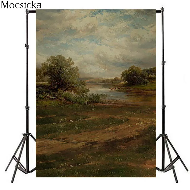 Mocsicka Rural Landscape Photography Background Blue Sky Pond Cattle Sheep Backdrop Child Portrait Photo Decoration Props Studio