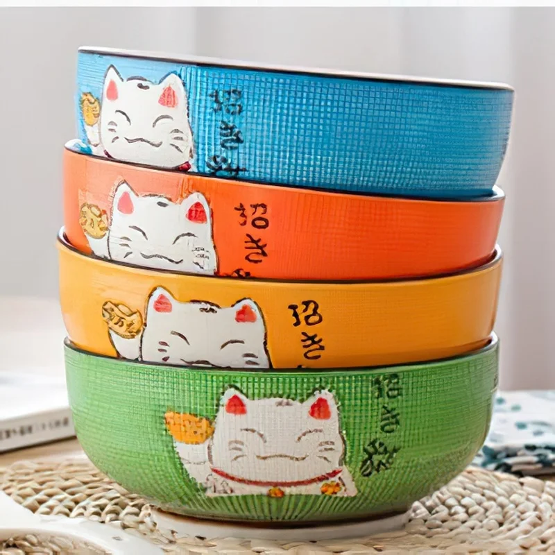 1pcs Multi-size Japanese Lucky Cat Round Ceramic Bowl Restaurant Household Bone China Salad Bowl Noodle Soup Bowl Tableware