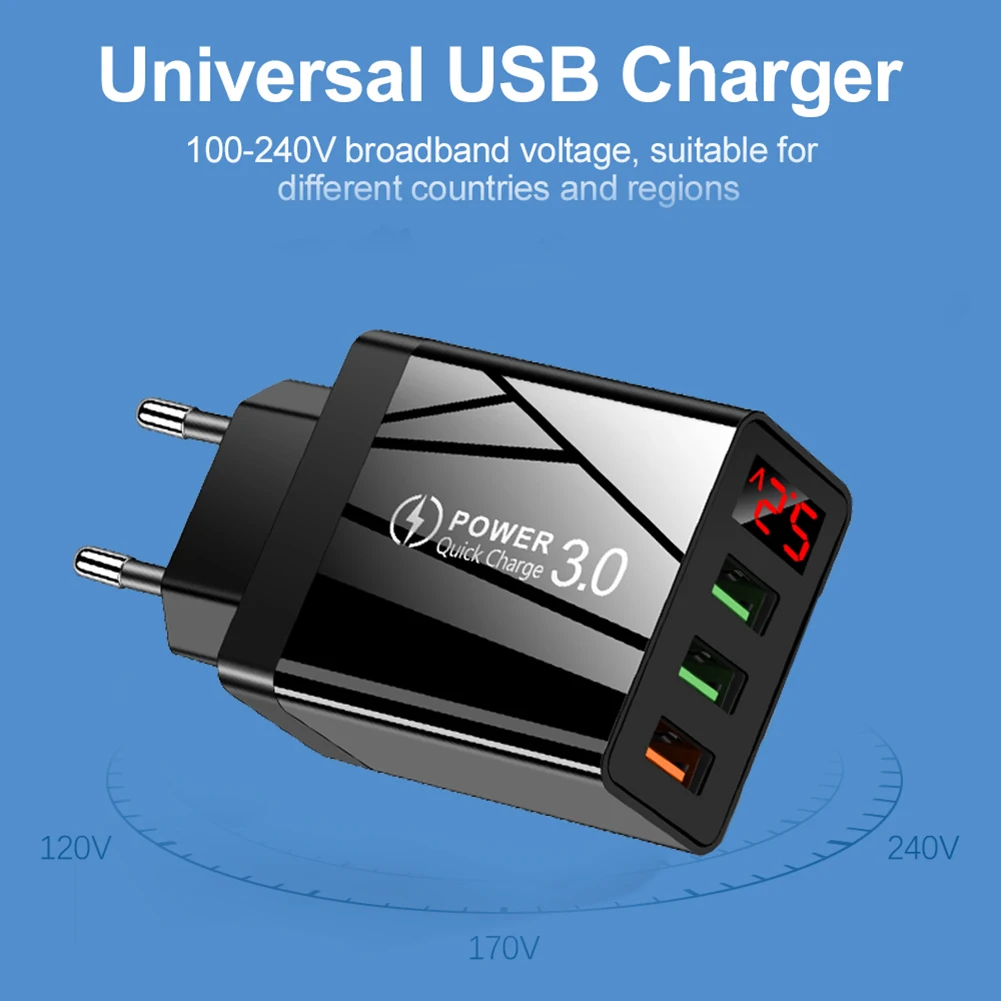 Mobile Phone Chargers Quick Charge QC 3.0 USB Charger For Tablet iPhone 15 14 13 Huawei Samsung LED Display 3 Port Fast Charging