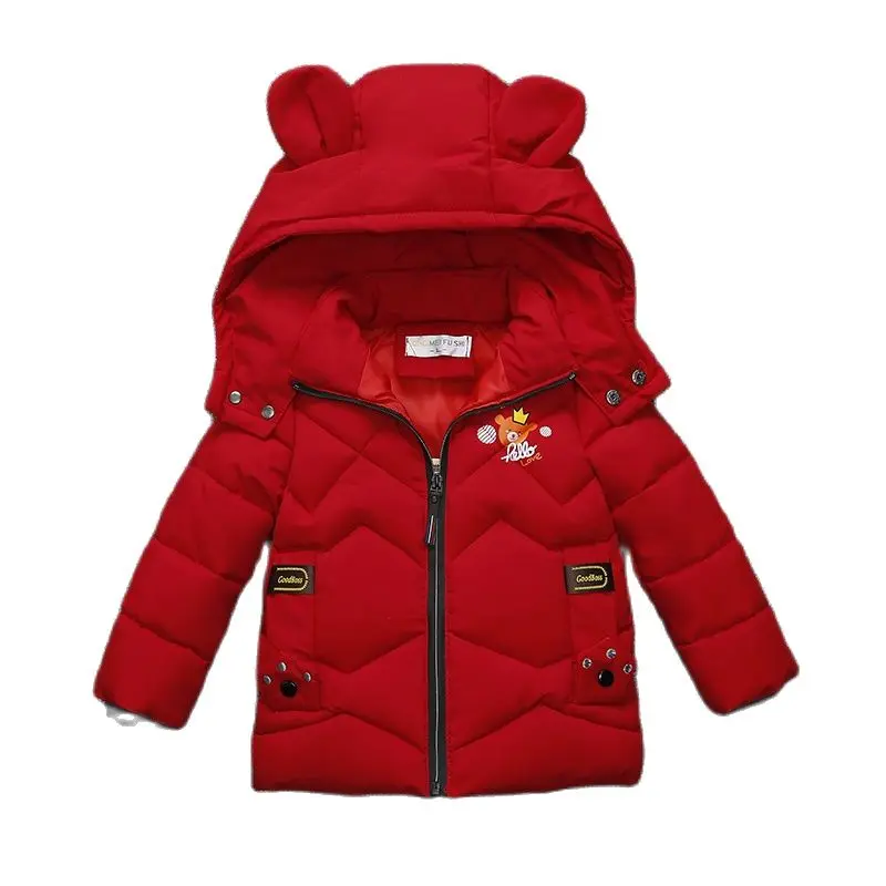 2023 New children\'s coat jacket winter boy girl wave pattern cute cartoon ear warm silk cotton baby hooded cotton jacket tide