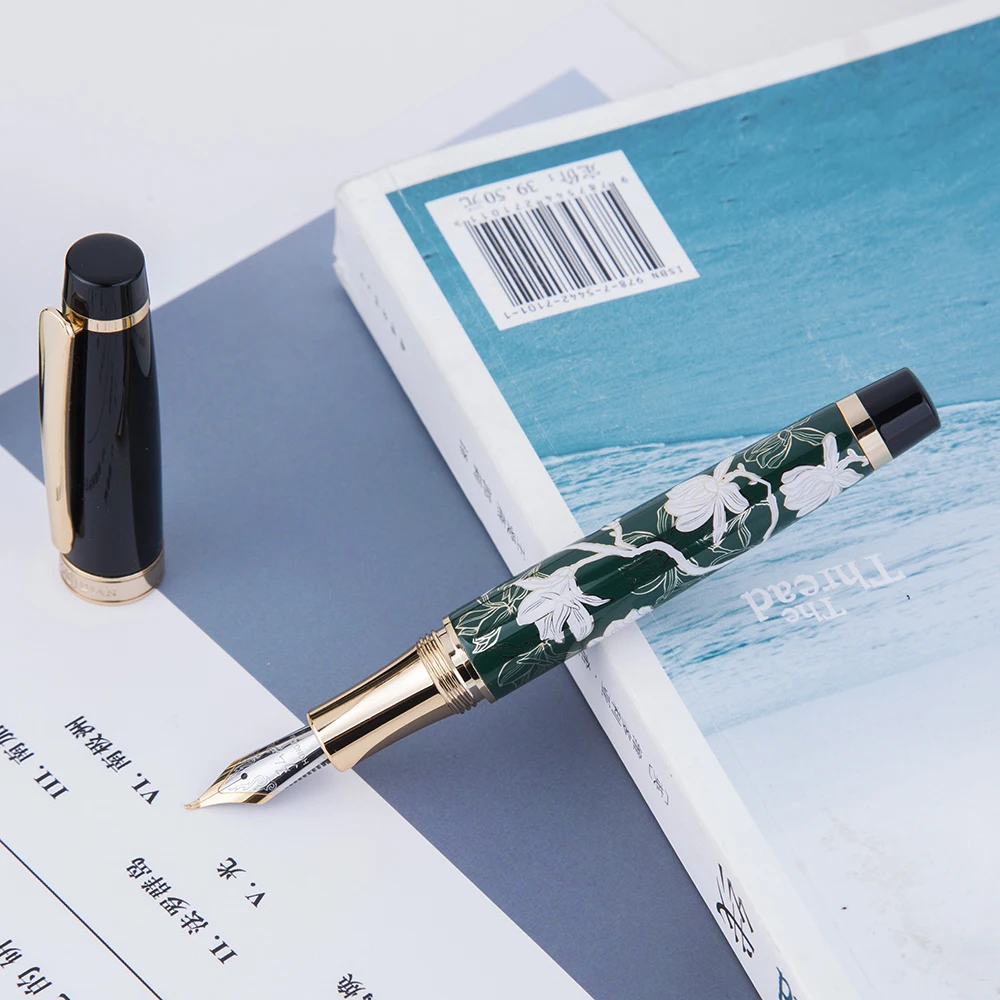 HongDian Metal Fountain Pen Hand-Drawing Green Flowers Iridium EF/F/Bent Nib Ink Pen Excellent Writing Gift Pen for Business