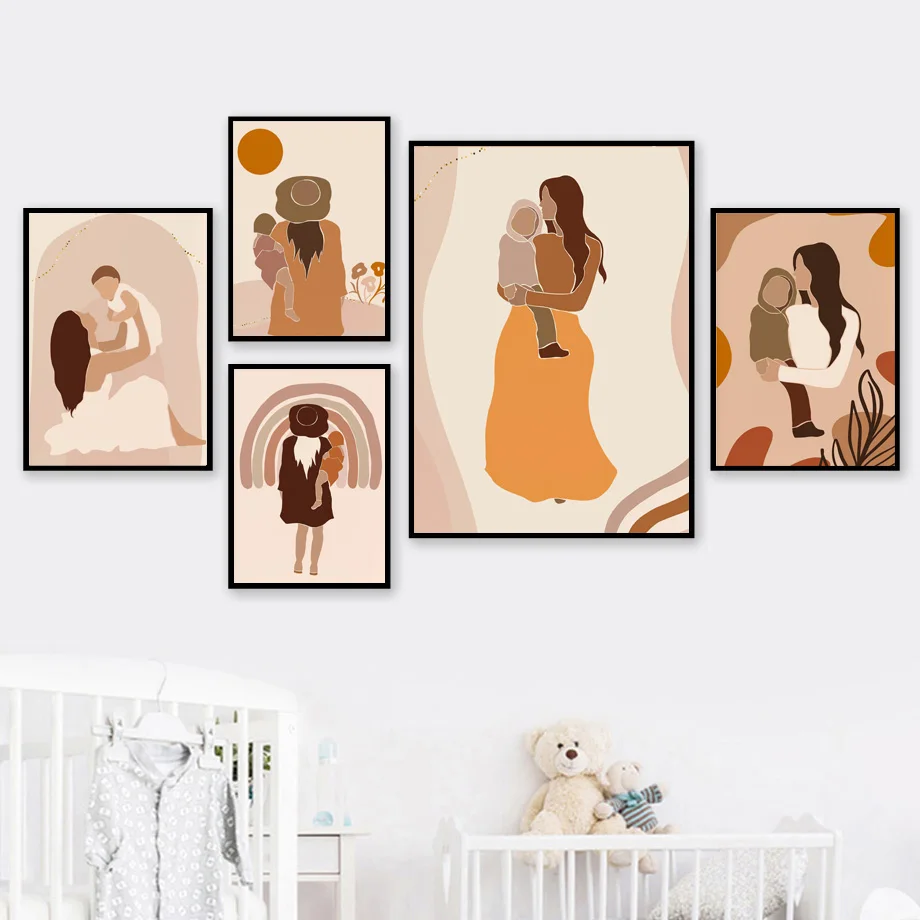 Lovely Baby Girl Boy With Mum Abstract Summer Nordic Poster Modern Wall Art Print Canvas Painting Decor Pictures For Living Room