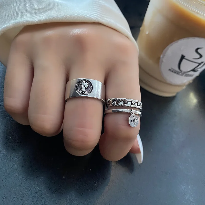 Vintage Geometric Portrait Wide Ring For Women With Simple Circular Letter Pendant Open Adjustable Index Finger Accessory Gift