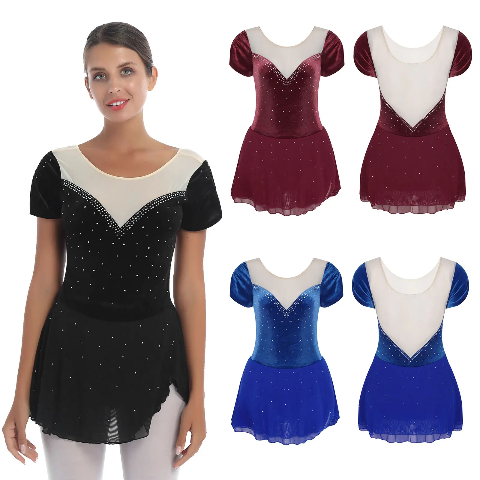 Women Figure Ice Skating Competition Dress Long Sleeves Tulle Splice Cutouts Adult Professional Rhythmic Gymnastics Leotard